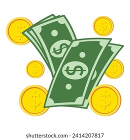 Gold coins with green paper dollars. business concept. Vector color illustration.