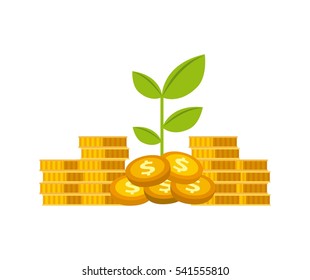 Gold Coins And Green Plant Icon Over White Background. Money And Profits Concept. Colorful Design. Vector Illustration