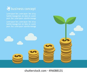 gold coins growth and plant them isolated on sky background
flat design concept for web banners. 
vector illustration brochure.
icon infographics.
