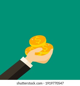 Gold coins in hand business man. Vector illustration.