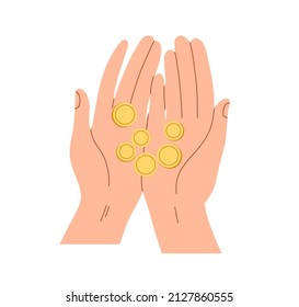 Gold coins in hands icon. Palms holding cash money, finance. Charity, financial help and philanthropy concept. Human with savings, capital. Flat vector illustration isolated on white background