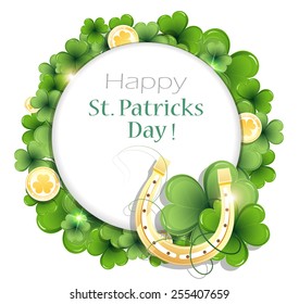 Gold coins and horseshoe on clover background with round place for text.   St. Patrick's Day background.