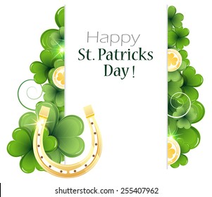 Gold coins and horseshoe on clover background with place for text.   St. Patrick's Day background.