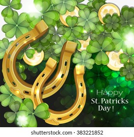 Gold coins and horseshoes on clover background. St. patrick's day abstract  background