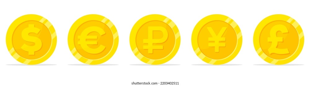 Gold coins icon. Coins with images of currencies of different countries - dollar, ruble, euro, pound sterling, Japanese Yen. Vector illustration.