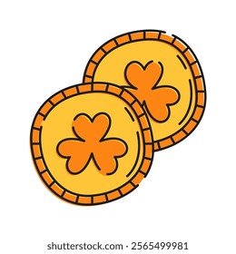 Gold Coins Illustration, Gold coins with shamrock designs Illustration, symbolizing wealth and prosperity.