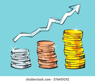 Gold,  coins with increasing arrow in retro cartoon style. Golden money vector illustration. Business success, bank credits, deposit, investment, saving, fortune concepts. Modern vintage design.