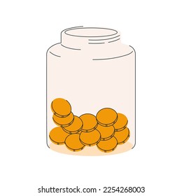 Gold coins inside glass jar for tips. Money, cash savings. Cents, change storage. Budget, fund, donation, investment, financial concept. Flat vector illustration isolated on white background