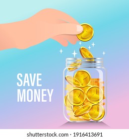 Gold coins into clear bottle. Accumulate and save your money dollar in jar. Flat vector illustration