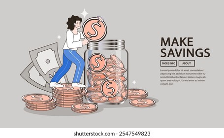 Gold coins into clear bottle. Accumulate and save your money dollar in jar. Flat vector illustration