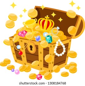 Gold coins and jewels that overflow from the treasure box
