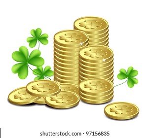 Gold coins and leaves of clover, St. Patrick's Day celebration.