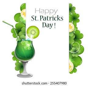 Gold coins and leprechaun cocktail on clover background with place for text.   St. Patrick's Day background.