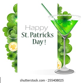 Gold coins and leprechaun cocktail on clover background with place for text. St. Patrick's Day background.