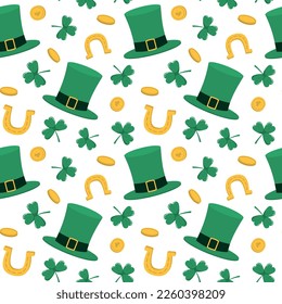 Gold coins, leprechaun hat, horseshoe, and clover. Vector seamless pattern. Isolated on a white background. Seasonal design for St. Patrick's Day print, covers