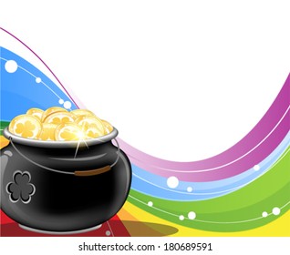Gold coins and  Leprechaun pot on rainbow background.  St. Patrick's Day background.