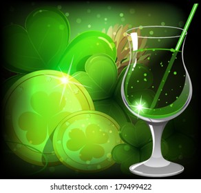 Gold coins with magic clover and Leprechaun drink . St. Patrick's Day background.
