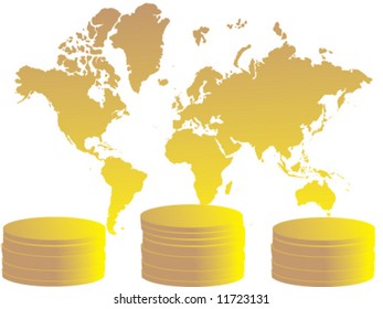 Gold coins and map of the world