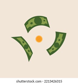 Gold coins and money cartoon illustration set. heap of cash, pile of green banknotes or dollars, currency, flying 