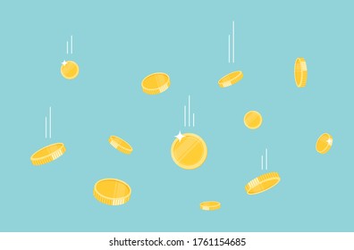 Gold coins money falling on the ground illustration, flat style flying. vector cartoon design.