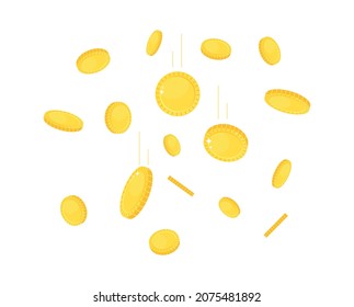 Gold Coins, Money Is Falling From Top To Bottom. Different Angles, No Denomination, No Currency. Vector Illustration, Flat Minimal Cartoon Color Design, Isolated On White Background, Eps 10.