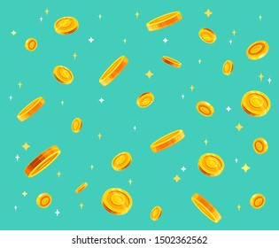 Gold coins money falling vector illustration, flat style dropping coins, isolated on color background