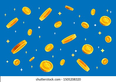 Gold coins money falling vector illustration, flat style dropping coins, isolated on color background