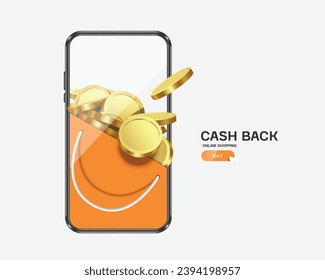 monedas de oro o monedas de dinero colocadas en una bolsa naranja de compras colocadas frente a un smartphone para un diseño de promoción de reembolso o de devolución de efectivo, vector 3d aislado para el diseño de publicidad de promoción de compras en línea