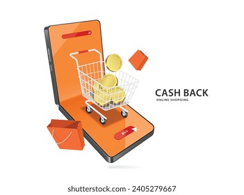 gold coins or money coins in shopping cart or basket and all place on foldable smartphone store and orange shopping bag floating around in air, vector 3d isolated for cash back or refund promotion