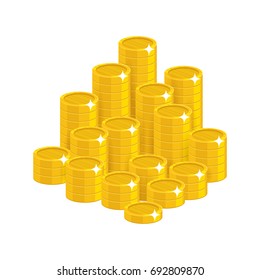 Gold coins mountain cartoon style isolated. The mountain of shiny gold coins for designers and illustrators. The pile of gold pieces in the form of a vector illustration