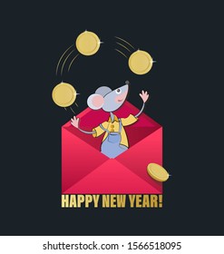Gold coins and mouse in a red envelope. Mice - symbol 2020 year. HAPPY NEW YEAR. Money stacks in open gift envelope. Cash icon. Financial gift. Sending, receiving, rewarding.