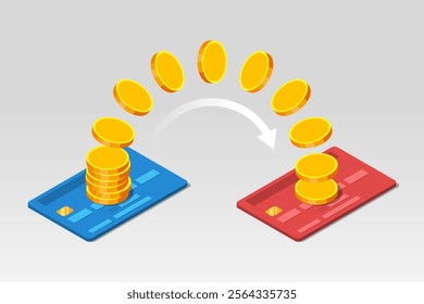 Gold coins moving from one bank card to another one. Concept of money transferring from card to card, online payments, financial transactions, e-commerce and business processes