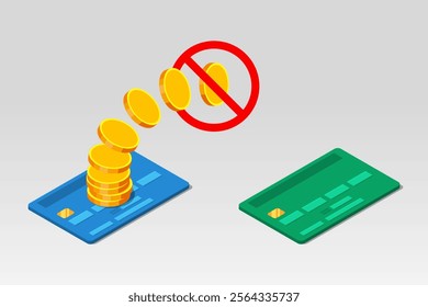 Gold coins moving from one bank card to another one and prohibitory sign stopping the process. Failure of card payments or stop of illicit money transfer, transactions not allowed. Financial concept