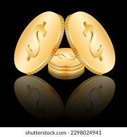 Gold coins on a black background.Vector illustration with gold coins and their reflection on a black background.
