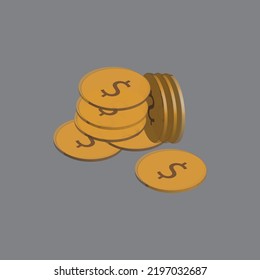 gold coins on gray background, set of a bunch of coins for animation. Flat vector illustration.