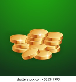 Gold coins on a green background for St. Patrick's day. Vector illustration.