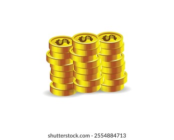 Gold coins on a white background. US Dollar symbol Gold Coins stack
Gold Coins Stack with Dollar. Symbol on White Background | Realistic Gold Coin Illustration for Financial and Business Concepts