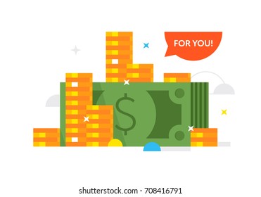 A lot of gold coins and paper bills. Vector flat illustration