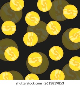 Gold coins pattern. Dark background style. Currency symbol repeat. Vector money design.