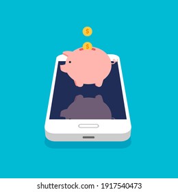 Gold coins and piggy bank in a 3d style. Money in a smartphone. Online deposit in your phone. Vector illustration.
