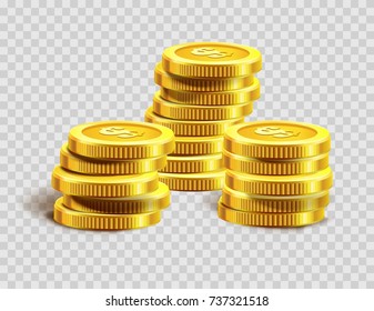 Gold coins pile or golden dollar coin money bank heap.