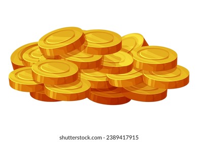 Gold coins pile, treasure, money game asset adventure or pirates in cartoon style, shiny money heap isolated on white background.