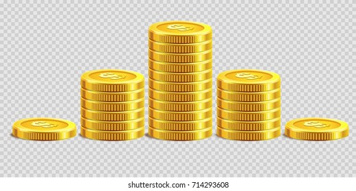 Gold coins piles golden money bank coin heaps on vector transparent background