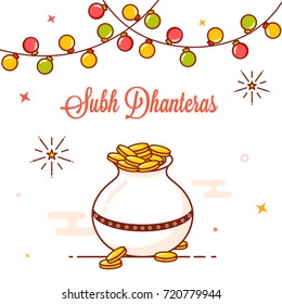 Monedas de oro cacerola y coloridos faros decorados con tarjetas de felicitación diseño para Shubh (Happy) Dhanteras.