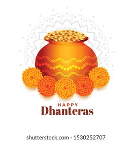 gold coins pot with marigold flower for dhanteras