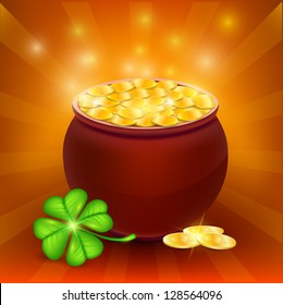 Gold coins in a pot next to clover. St. Patrick's Day. Vector.