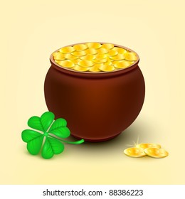 Gold coins in a pot next to clover