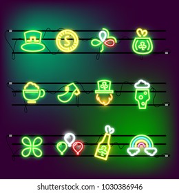 Gold coins pot red beard rainbow hat. St Partricks Day icon set neon effect. Irish holiday bulb element vector illustration. Green beer clover illuminated lamp billboard lights. Night club party sign
