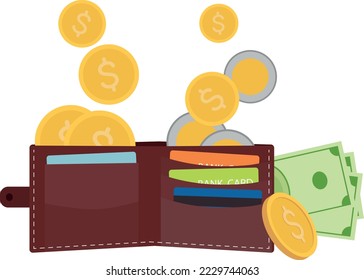 Gold coins pour into the wallet. Vector drawing of a wallet full of money. Profit concept and finance planning