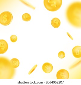 Gold coins radial explosion. Vector frame background